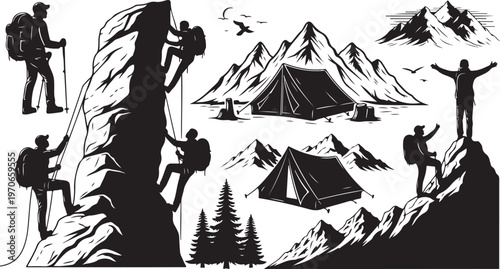 Mountain climbers and campers in a scenic landscape silhouette