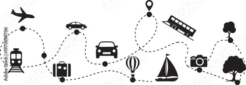 Travel and transportation icons in a dotted line formation