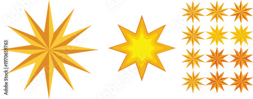 Set of Geometric Star Illustrations in Yellow and Orange for Decorative, Festive, and Celebration Designs