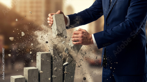 A businessman destroying a concrete bar graph representing business failure or economic downturn