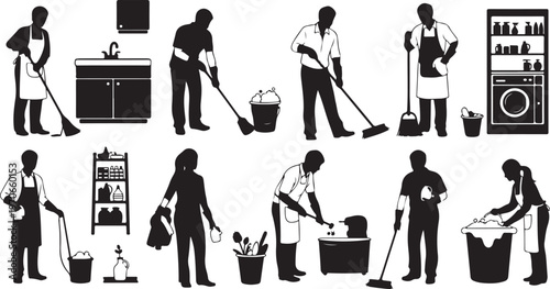 Silhouettes of people doing household chores and cleaning tasks