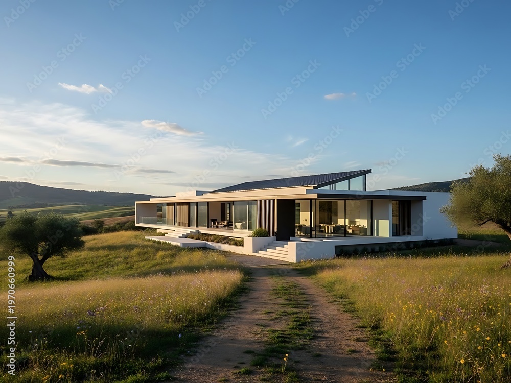 Obraz premium Modern architectural home design nestled into a peaceful countryside setting