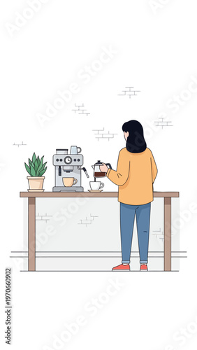 An illustrated woman pouring freshly brewed coffee from a French press into a cup on a wooden counter with a coffee machine and a plant.