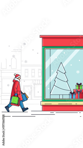 A person in a red coat and Santa hat carrying shopping bags walks past a store window with a Christmas tree and presents, depicting holiday shopping.