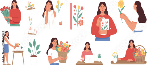 Young woman with blooming flowers and plants set, florist lifestyle and gardening concept isolated vector