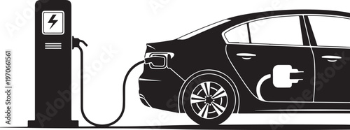 Electric car charging at a station on a white background