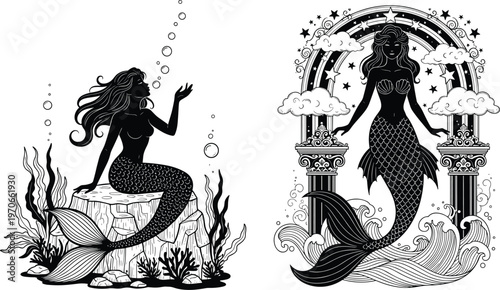 Black and white vector illustration of two mermaids, one underwater on coral with bubbles, another framed by ornate columns, waves, stars, and decorative celestial elements
