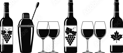 Black and white wine bottles and glasses with grape and maple leaf designs, cocktail shaker, elegant beverage culture silhouettes, barware lifestyle artwork illustration concept