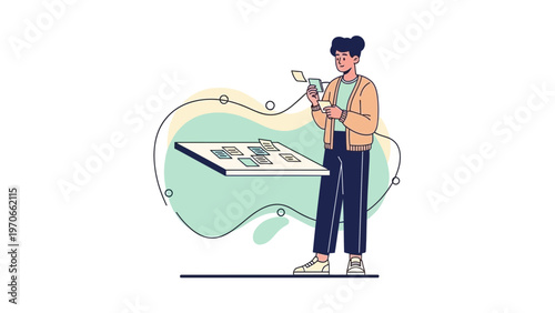 Woman organizing sticky notes on a board, planning and brainstorming ideas