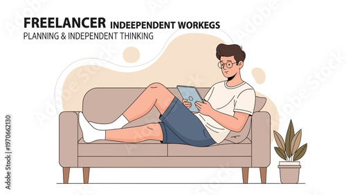 Freelancer Planning and Thinking While Relaxing on Couch with Tablet