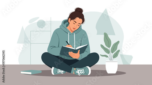 Young woman writing in notebook, sitting cross-legged, cozy home office, plant decor