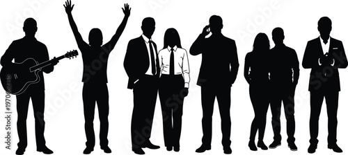 Black silhouette vector illustration of diverse people standing side by side in various poses including musician with guitar, phone user, and casual gestures