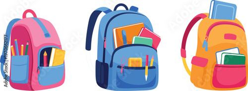 Three colorful school backpacks with stationery, education and back to school concept isolated vector illustration