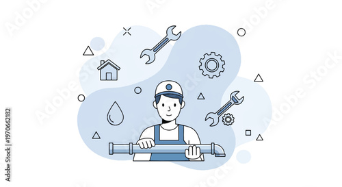 A skilled worker holding a large pipe surrounded by plumbing tools and symbols in a modern flat vector illustration.