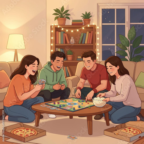 Friends Group Strategizing Over Board Game in Flat Vector Style