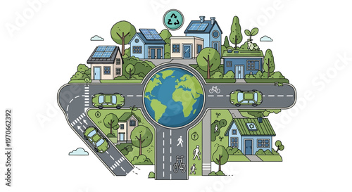 A whimsical vector illustration depicts a Smart City with eco-friendly houses featuring solar roofs and EV charging stations, surrounded by bike lanes and clean transportation