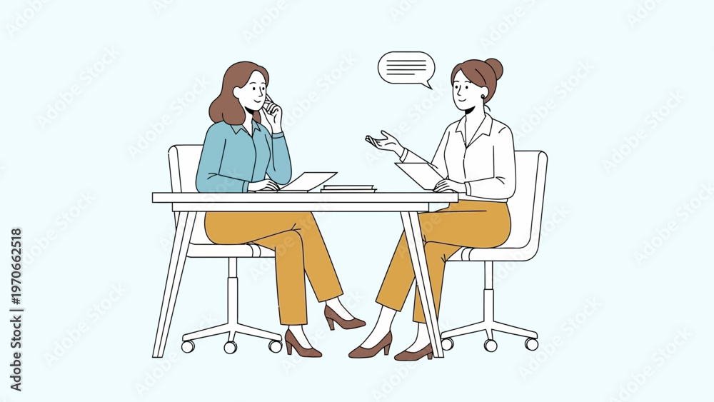 Fototapeta premium Two women in business meeting, one on phone, discussing ideas at office desk