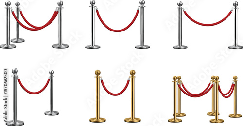 Set of Gold and Silver Stanchions with Red Velvet Ropes for Event, VIP, and Red Carpet Illustrations