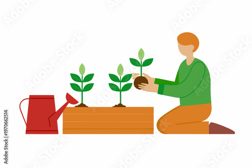 A person gardening planting seedlings and nurturing new plant growth
