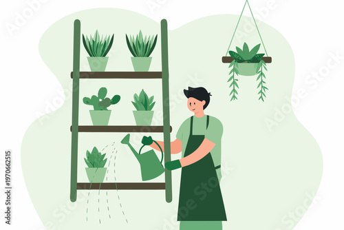 Person watering plants displayed on a wooden ladder indoors