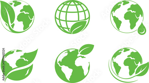 Earth Day green globe logo set, eco friendly environment labels collection isolated on white background vector