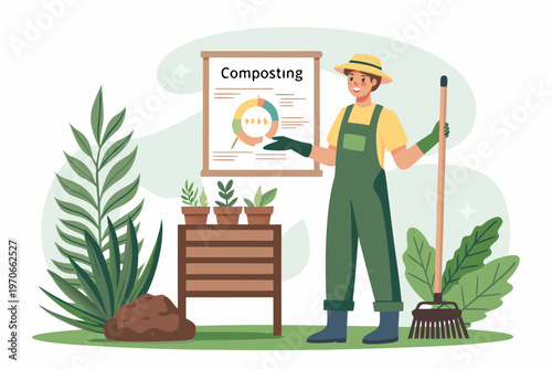 A farmer explains composting process with a chart and gardening tools