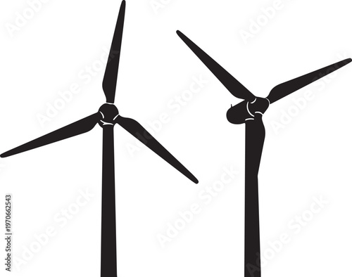 Silhouette of two wind turbines on a white background