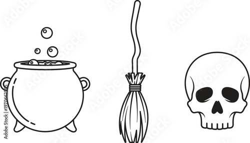 Collection of minimalist Halloween outline vector icons including a witchs cauldron with bubbles a broomstick and a human skull ideal for spooky season designs