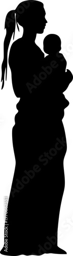 Native Woman Carrying an Infant on Her Back or Chest in Silhouette Profile