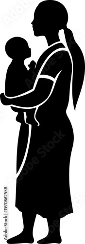 Native Woman Carrying an Infant on Her Back or Chest in Silhouette Profile
