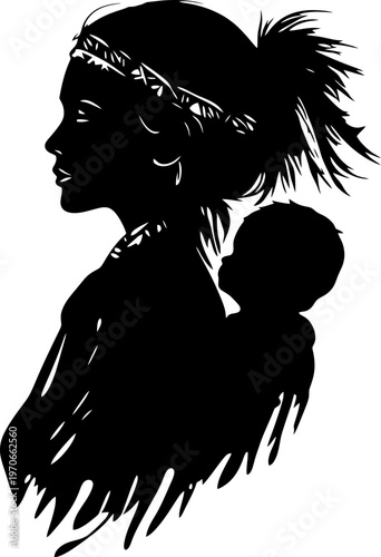Native Woman Carrying an Infant on Her Back or Chest in Silhouette Profile