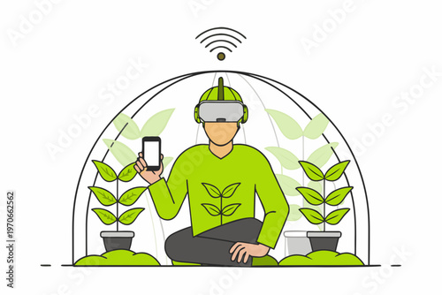 Person using virtual reality within a greenhouse environment with plants