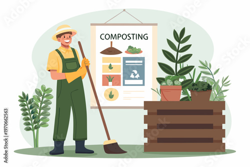 A gardener demonstrates composting practices with an informative poster and plants