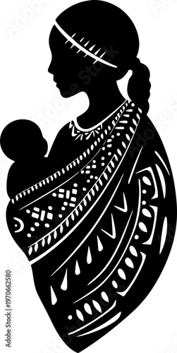 Silhouette of an Indigenous Mother Carrying Her Baby in a Traditional Sling