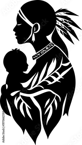 Silhouette of an Indigenous Mother Carrying Her Baby in a Traditional Sling