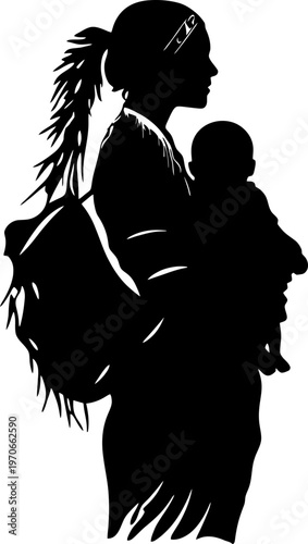 Silhouette of an Indigenous Mother Carrying Her Baby in a Traditional Sling