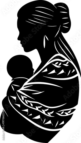 Silhouette of an Indigenous Mother Carrying Her Baby in a Traditional Sling