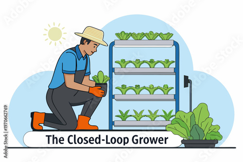 A gardener tends to plants in a vertical hydroponic growing system