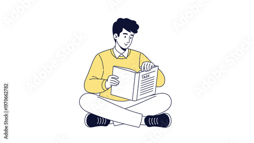 Young Man Sitting Cross-legged Reading Book with Task List
