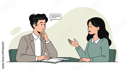 Business meeting: man and woman discussing ideas at desk with notebook