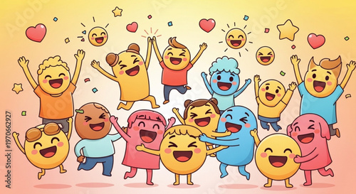 Diverse group of happy smiling emojis and cartoon characters celebrating with raised arms and joyful expressions on a colorful gradient background with hearts and stars