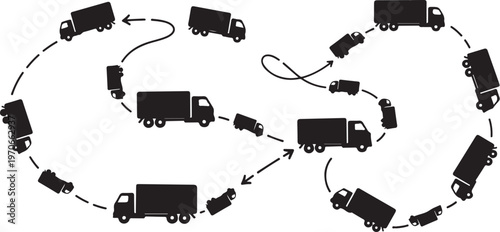 Logistics and transportation network with trucks and trailers moving