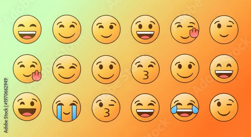 Collection of various happy smiling emojis on gradient background