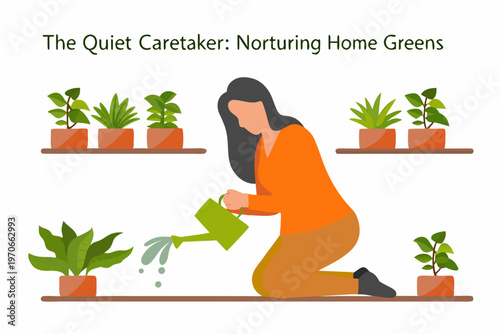 Woman kneeling to water potted plants on shelves indoors