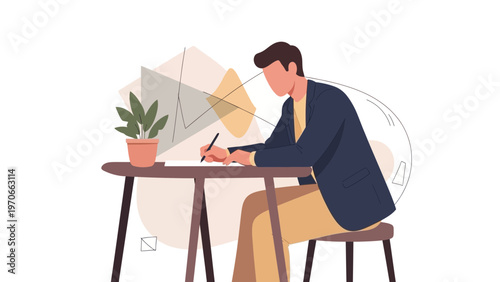 Man writing at desk with plant and abstract shapes, modern illustration
