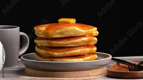 Stack of homemade golden hotcakes with melting butter on a gray plate