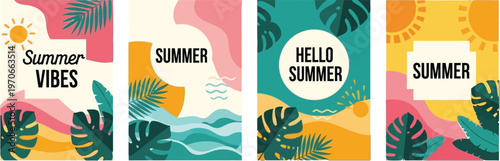 A collection of four vibrant summer posters featuring tropical leaves, sun, and abstract landscapes in a modern flat design style.