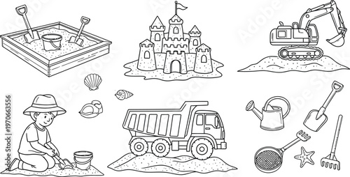 Black and white line art collection of sand play elements including a sandcastle, construction vehicles, and a boy playing with beach toys.