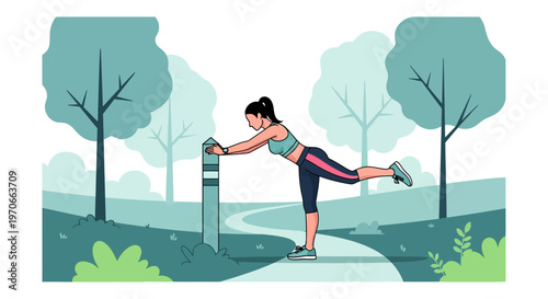 Woman Exercising In A Park On A Sunny Day Doing A Balance Pose