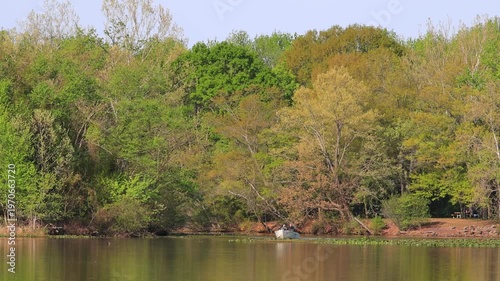 Wallpaper Mural Boat with two people on calm lake surrounded by trees. Torontodigital.ca